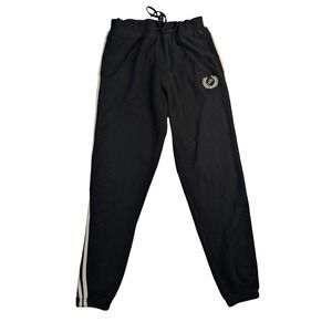 PINK Victoria's Secret Black Fleece Joggers White Stripes Logo Womens Small